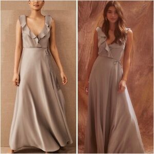BHLDN Ruffle V-Neck Maxi Dress in Taupe